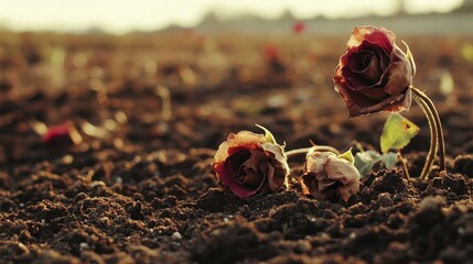 Wilted brown roses lying discarded on dry soil in soft sunlight