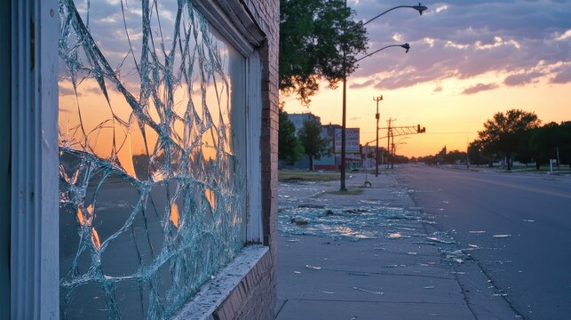 Shattered glass storefront panes reflect a vibrant sunset over a debris strewn urban street
