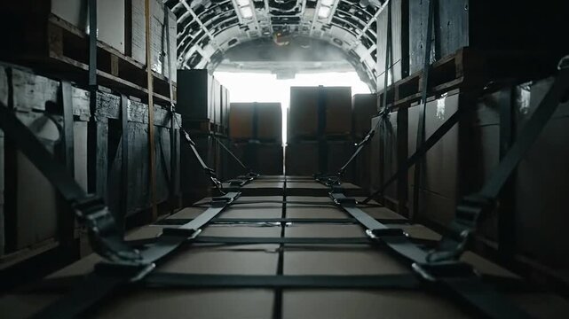 Cargo plane interior with boxes ready for transport and delivery