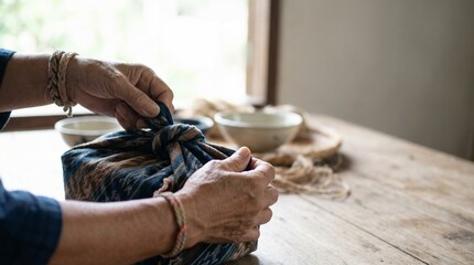 Hands folding fabric with rustic bowls and natural light.