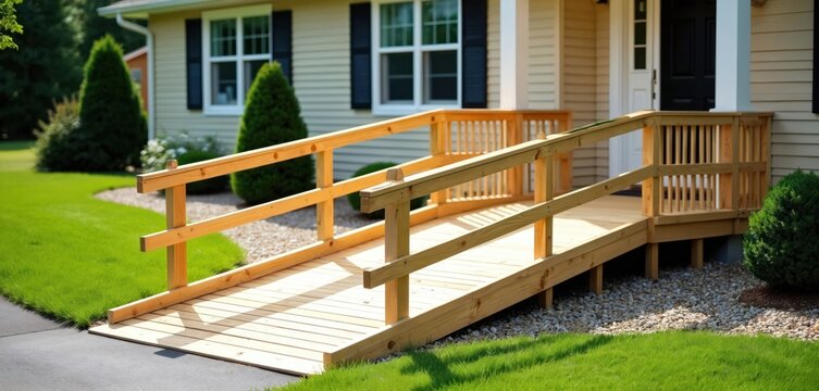 Wooden wheelchair ramp leads to house entrance. Safe accessibility for mobility challenged individuals. Home exterior features sturdy wooden construction, railing system. Practical home improvement