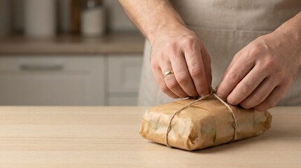 Tying twine around a food package.