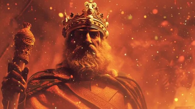 King standing on hill watching city burn in dramatic apocalypse scene