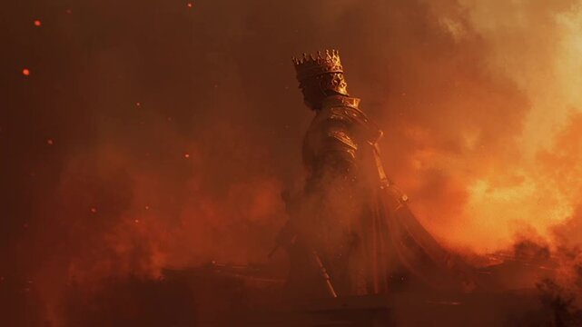 King standing on hill watching city burn in dramatic apocalypse scene