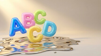 Colorful alphabet letters floating on a reflective liquid surface.