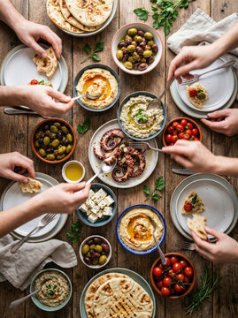 Vue de dessus d&rsquo;un repas partag&eacute; style mezze et tapas entre amis
