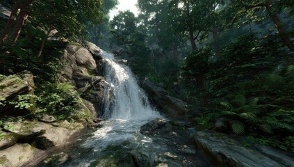 A scenic cascade tumbles down rocks in a lush, green forest, sunlight dappling the scene. The tranquil water flows