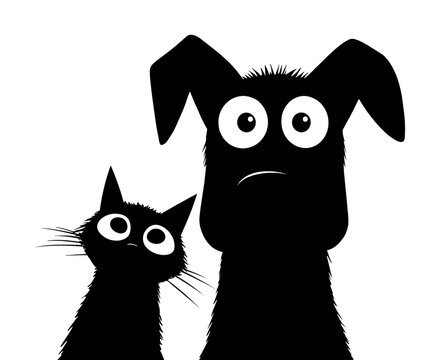 Cartoon black cat and dog silhouettes with big eyes, one looking worried, the other curious