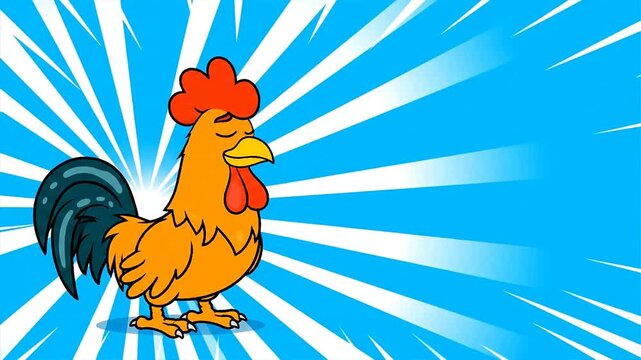 Cartoon rooster on blue background comic style illustration