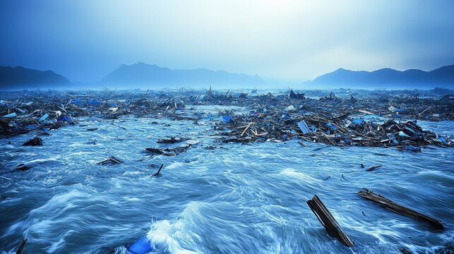 Ocean waves sweeping over a debris field after a disaster