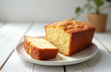 Golden pound cake loaf sits on white plate with one slice cut. Moist crumb texture visible, served on rustic wood table. Simple sweet treat, perfect for baking.