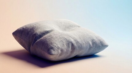 Fluffy gray pillow on a colorful surface.