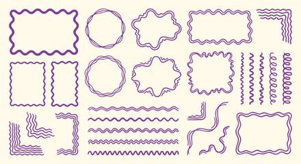 Fototapeta premium Wavy line frames and dividers set with hand drawn purple zigzag and squiggly borders. A vector collection for creating fun photo layouts, quirky quote boxes, and modern design elements.