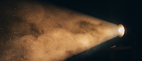 The Golden Projection: Rich cinematic light beam, golden tint, illuminated dust particles, 8K photography