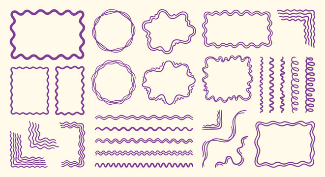 Wavy line frames and dividers set with hand drawn purple zigzag and squiggly borders. A vector collection for creating fun photo layouts, quirky quote boxes, and modern design elements.