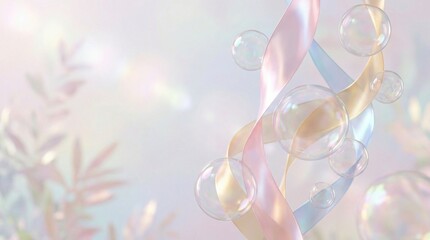 Flowing ribbons, sparkling bubbles, gentle pastel hues.