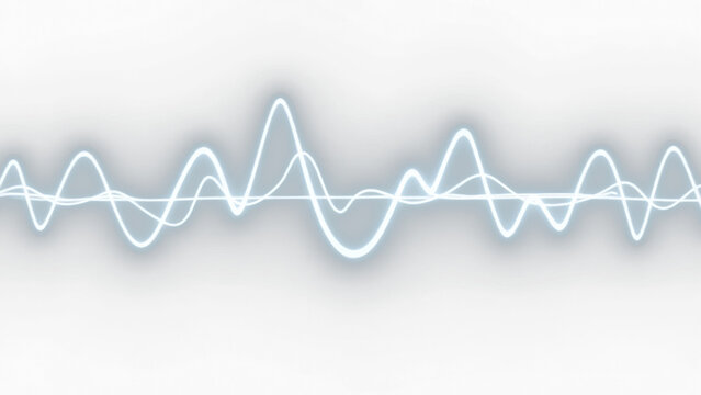 Dynamic glowing white digital audio waves representing sound frequency and energy motion isolated on white or transparent background