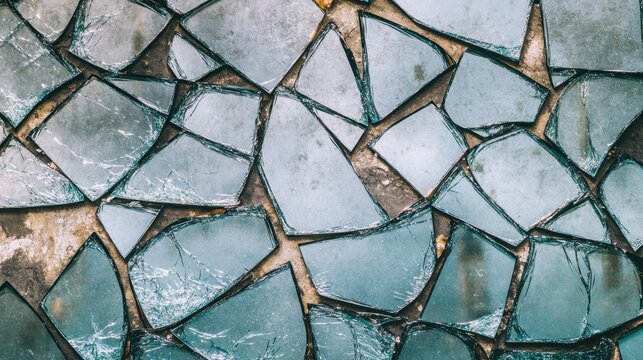 Jagged shards of broken mirror forming a disorienting abstract pattern with reflections and light
