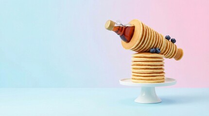 Stack of pancakes with blueberries and maple syrup.