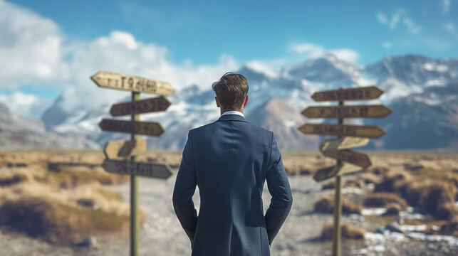 Confused businessman standing in front of a signpost with multiple direction signs, questioning his choice and future path forward.