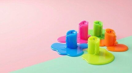Colorful dripping paint candles on a split-color background.