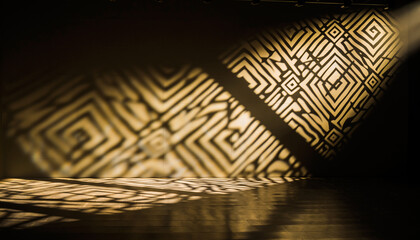 8K Ultra-Realism: Cinematic shot of glowing golden light patterns projected on a theater stage