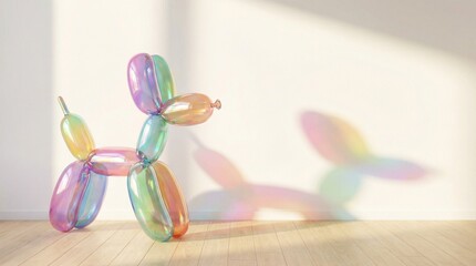Colorful balloon dog casting a vibrant rainbow shadow.
