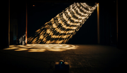 The Golden Silhouette: Projector mask framing, glowing light patterns on stage, 8K architectural photography