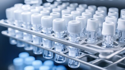 Fototapeta premium Rows of sterile glass bottles filled with clear liquid sit in a laboratory rack