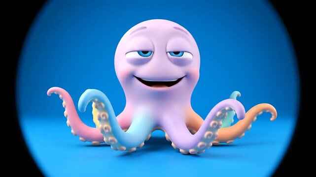 Cartoon octopus with smiling face and tentacles on blue background