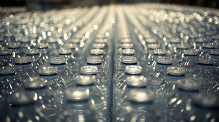 Rows of sturdy clear plastic water bottles for individual use stored in a facility