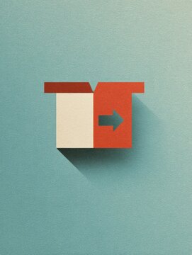 Minimal e-commerce poster, shopping box reduced to square with arrow cut-out, flat colors