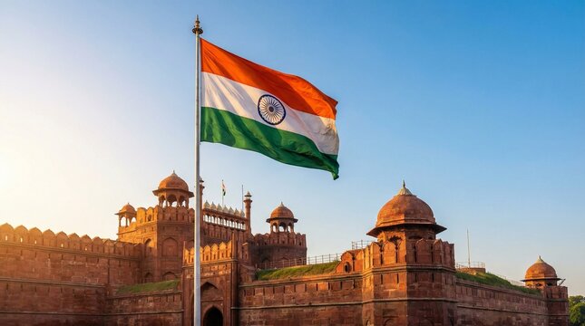 Indian flag waving in front of historic Red Fort at sunrise  