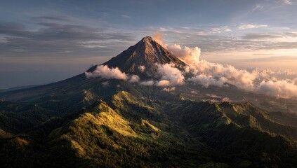 A majestic volcano rises through clouds, its peak shrouded in mist, amidst lush green foothills at sunset