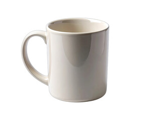 A simple, glossy, off-white ceramic mug isolated against a black background.