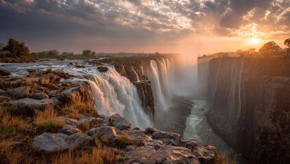 A majestic waterfall cascades over rocky cliffs, with a vibrant sunset illuminating the mist and surrounding landscape