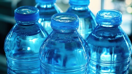 Stacks of clear blue plastic water bottles with blue caps offering essential hydration and provisions