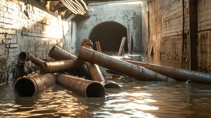 Submerged rusty metal pipes and conduits bent and tangled in a flooded underground tunnel