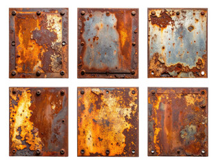 A striking collection of six heavily rusted metal plates bolted against a solid black background.