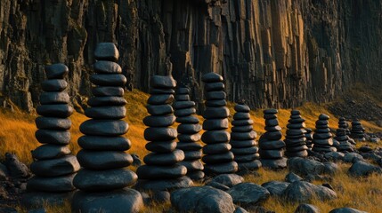 Tall stacks of smooth dark basalt stones balanced precariously in a natural outdoor landscape with a rocky cliff backdrop