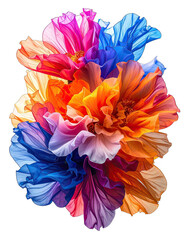 A vibrant, layered collage of translucent, multicolored fantasy flowers set against a solid black background.