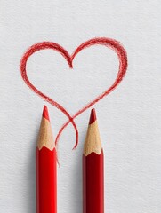Two red pencils on a white sheet of paper with a heart drawn in pencil