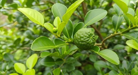 Close up of a green citrus fruit and vibrant leaves in natural sunlight