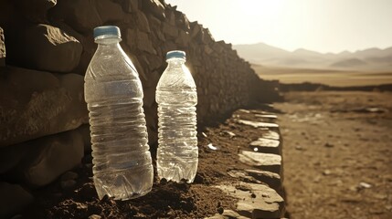 Two empty plastic water bottles stand on dusty ground with a rocky hillside and arid landscape in the background under warm sunlight