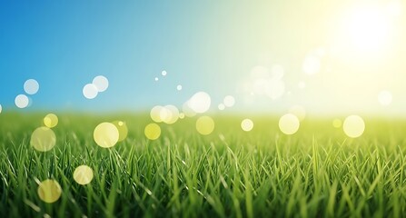 Obraz premium Vibrant green grass field with sunny bokeh light effects on blue sky background