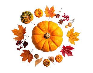 A vibrant circular arrangement of pumpkins, autumn leaves, berries, and spices on a black background.