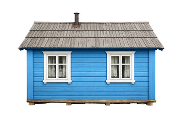 New small blue wooden village house with two windows is isolated.