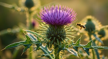 Close up of a vibrant purple thistle flower with a bee in natural sunlight
