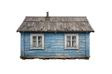 Old small blue wooden village house with two windows is isolated.