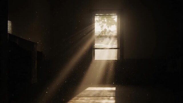 Sunbeams pierce a dusty, dim room through a narrow window, illuminating floating particles and casting long shafts of light across the worn floor and walls, creating a quiet, contemplative mood.